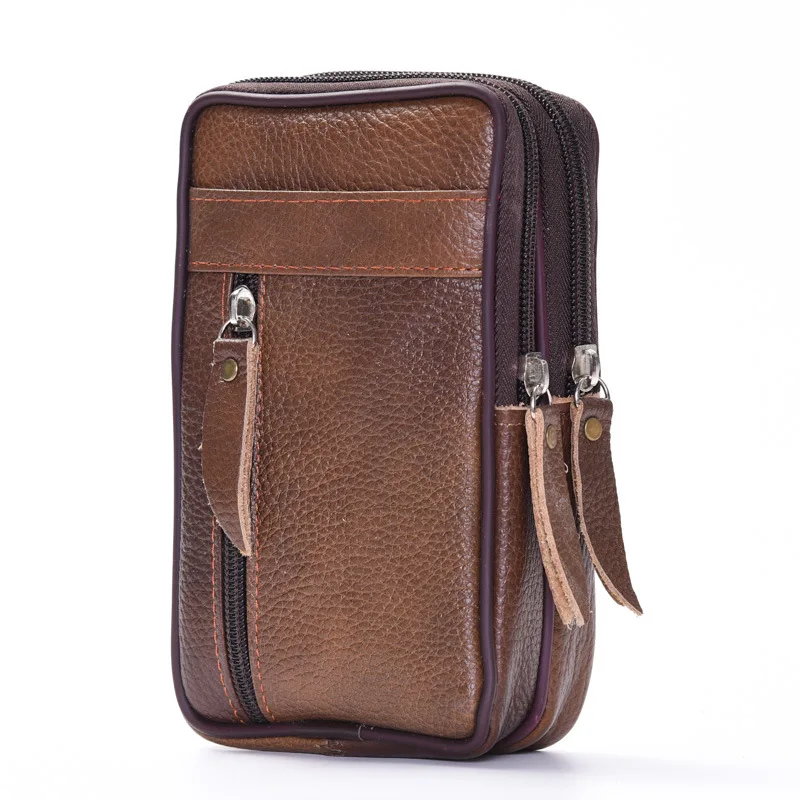 

Business Men Verticle Zipper Cattle Leather Waist Bag Creative Cowhide Three Layer Waterproof Waist Bag