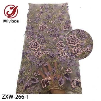

African Flower Embroidered Lace Fabric Lovely French Lace Fabric with Color Stone for Wedding Dress Bridal Gown Lace ZXW-266