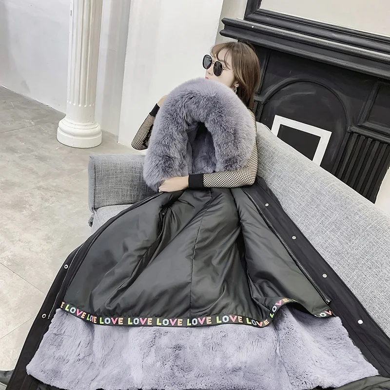 longer black 5 Зимнее женское длинное пальто из натурального меха с воротником из натурального Лисьего меха, свободная парка, пальто, съемная подкладка из натурального кроличьего меха - Цвет: longer black 5