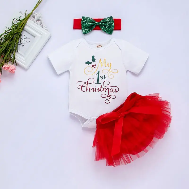 My first christmas/комплект одежды для новорожденных девочек; Одежда для младенцев; комбинезон; топы; платье-пачка; повязка на голову; комплект из 3 предметов; Рождественская одежда для малышей