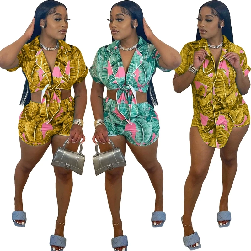 HAOYUAN Leaves Print Two Piece Set Women Short Sleeve Button Shirts Tops and Biker Shorts Sexy Vacation Outfits Matching Sets lounge sets