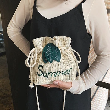 

Fashion Leaves Letter Print Straw Bucket Bag Women Woven Handbags Laides Shoulder Designer Drawstring Crossbody Bags Purses 2020