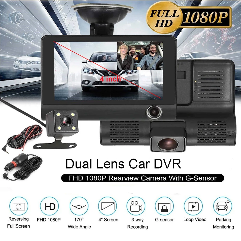 4,0 дюймовый ЖК-экран 170 градусов с двумя объективами Dash camera HD 1080P Автомобильный видеорегистратор Камера ночного видения заднего вида g-сенсор циклический видеорегистратор