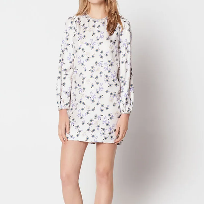 

Women's Silk Floral Print Mini Dress Beadings Decoration O-neck Long Sleeve Loose Casual Short Dresses