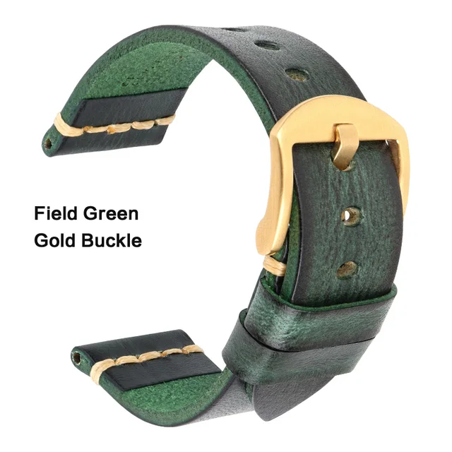 Maikes Genuine Leather Watchband for Galaxy Watch Strap 18mm 20mm 22mm 24mm Watch Band Tissote Timex Omega Wrist Bracelets Field Green-Gold