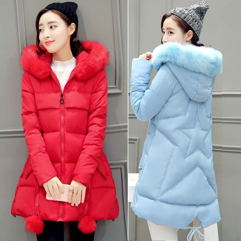 

2019 Korean-style Mid-length Slim Fit Thick A- line Version Large Size down Jacket Cotton-padded Clothes Cloak Large Fur Collar