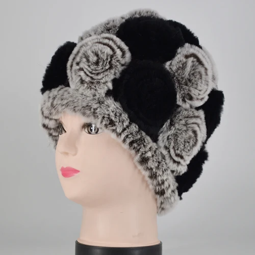 color 18 Winter Rex Rabbit Fur Hat Women Knitted Natural Rex Rabbit Fur Flowers Beanies Hats Warm Soft Real Rex Rabbit Fur Caps - Цвет: color 18