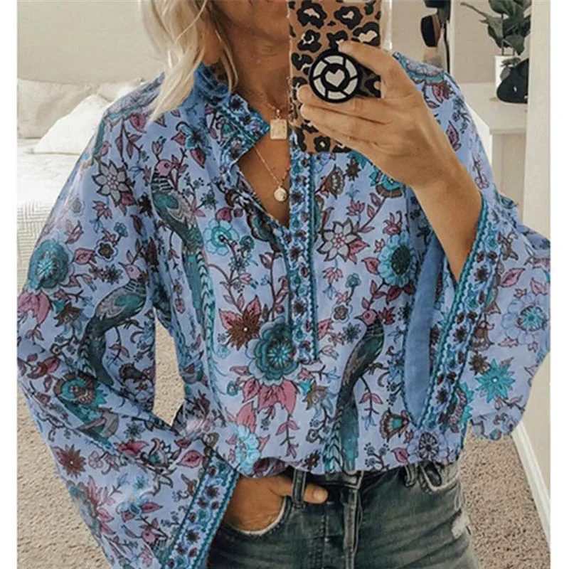 Fanbety Plus size Autumn Chic Blouses women Peacock Floral Print Long Sleeve Shirts women Casual V-neck Boho Blouse Tops Female
