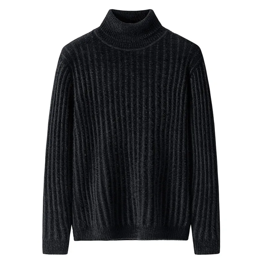 Dark Blue Зимний теплый мужской свитер, модный однотонный вязаный мужской свитер,, повседневный мужской тонкий пуловер с двойным воротником - Цвет: Dark Blue
