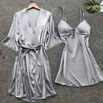 

Women Stain Lace Silk Lingerie Nightdress Robe Pajamas Bathrobe Sleepwear Set Sexy Nightwear Set Sexy Nightgowns W10