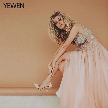 

YeWen Grey V Neck Vestido De Festa Evening Dresses Long Crystal Beaded Party Formal Prom Dress 2020 Women Elegant Sexy Gown