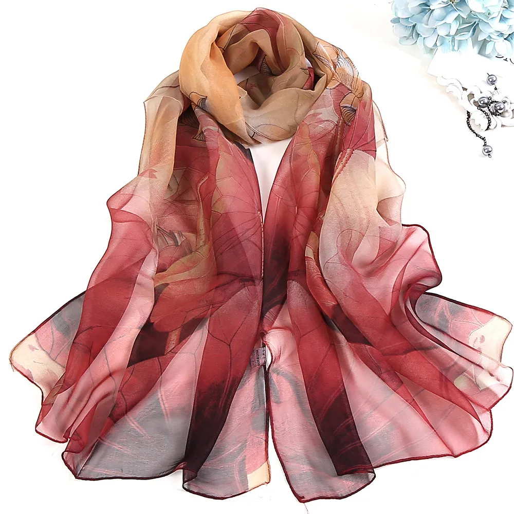 Страусиный шарф для женщин, высокое качество, модный длинный мягкий шарф с принтом лотоса, Женский шифоновый шарф 909