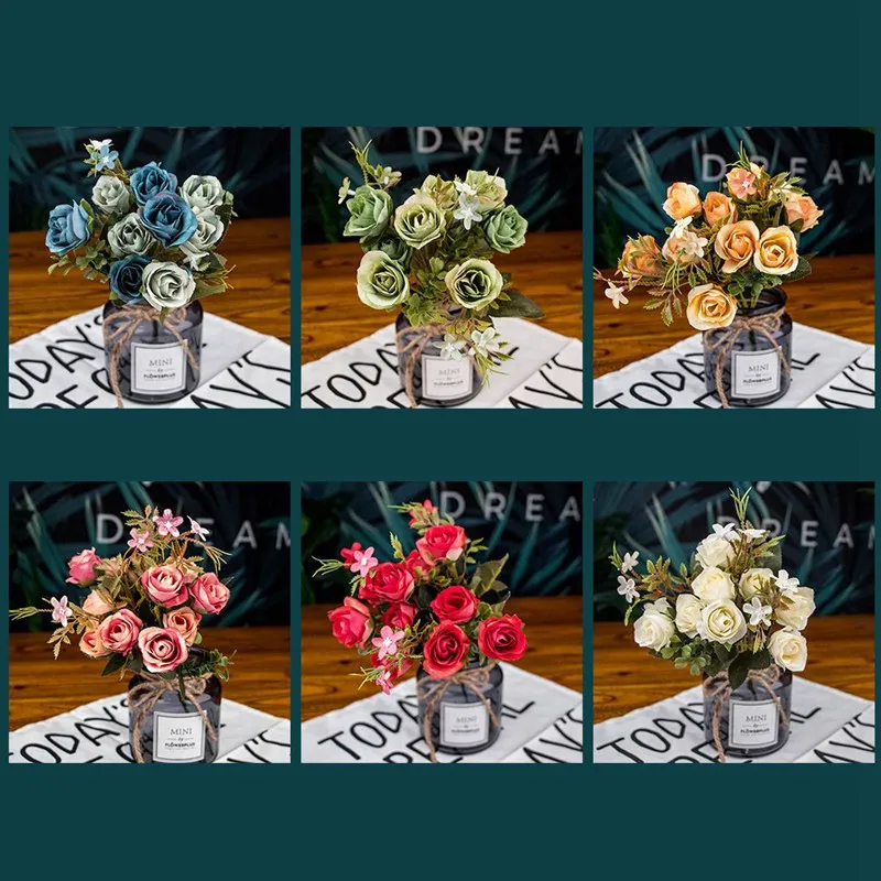 1Bunch Fresh Artificial Rose Flowers 10 heads Romantic DIY Fake Silk floral for Wedding Party Home Decoration