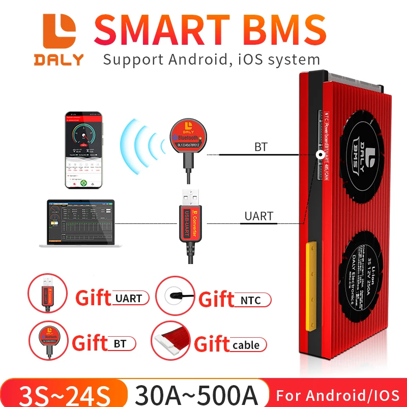 Daly smart bms LiFePO4 4S 100A 18650 3s 6s 7s 8s 10s 12s 13s 14s 1 20s 24s 12V 24V 36V 48V LTO Li-Ion 30a 40a 120a 200a 300a |
