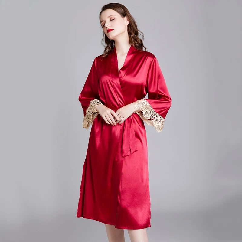 

Roseheart Summer New Red Luxury Fashion Sleepwear Lace Faux Silk Sashes Loose Nightwear Sexy Robes Bathrobe Pajama Homewear