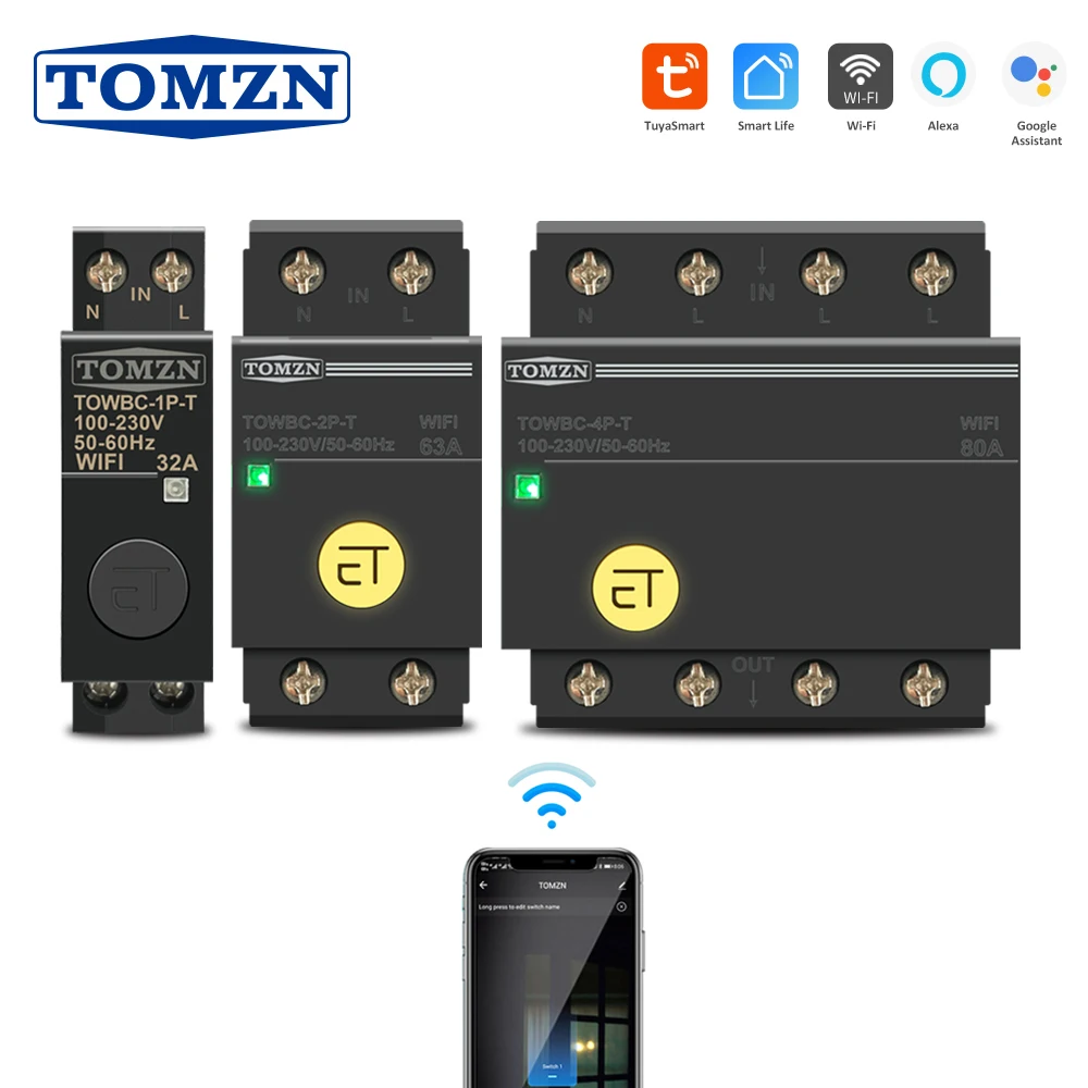 Din Rail WIFI Circuit Breaker Smart Switch Remote Control by Smart Life TUYA for Smart Home MCB TOMZN Mini TOWBC-4P-T