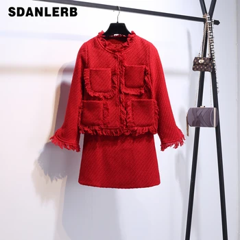 

Autumn Winter Elegant Women Tweed Skirt Sets Temperament Lady Small Fragrant Wind Tweed Jacket + Skirt Two Piece Suits