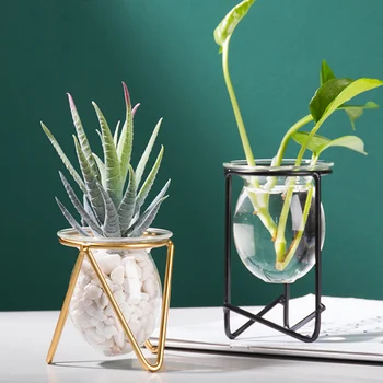 

Table Desk Bulb ABS Hydroponic Vases Flower Plant Pot with Iron Tray Office Decor YU-Home