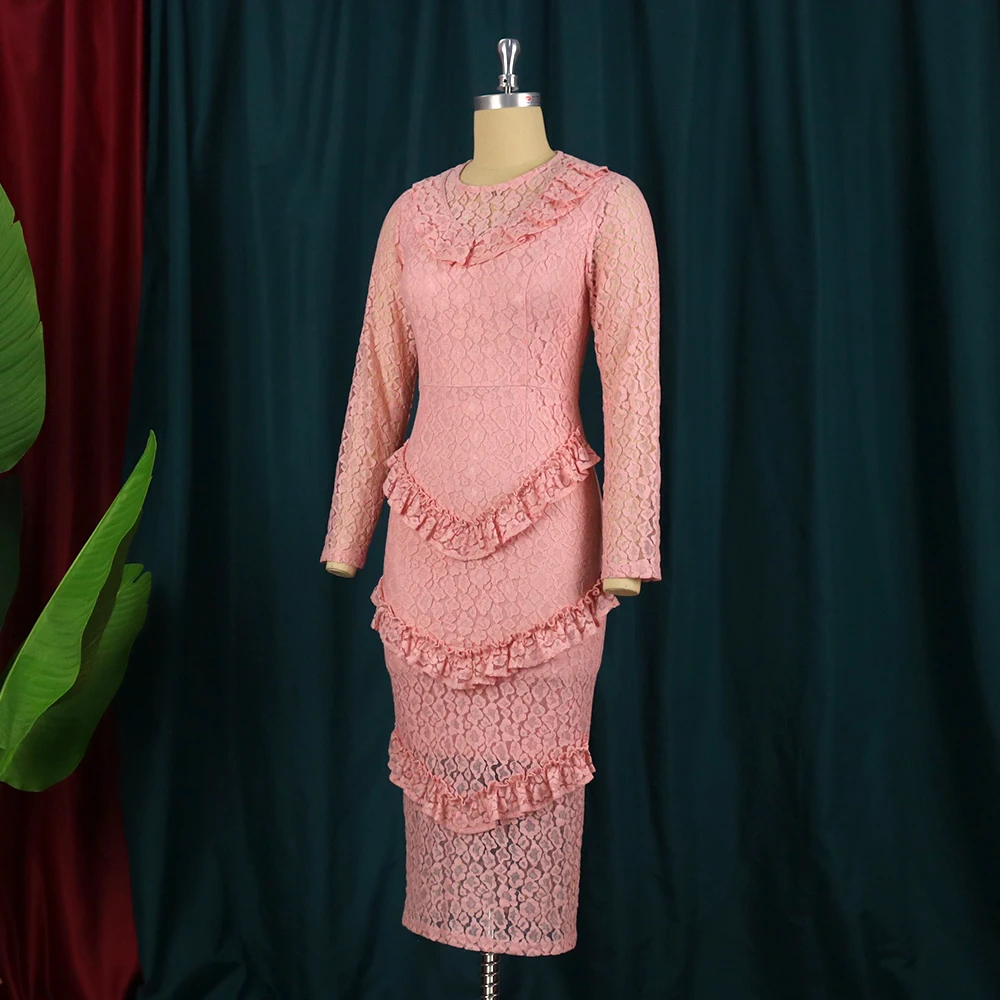 Pink Lace Elegant O Neck Long Sleeves Ruffles Bodycon Dress 3
