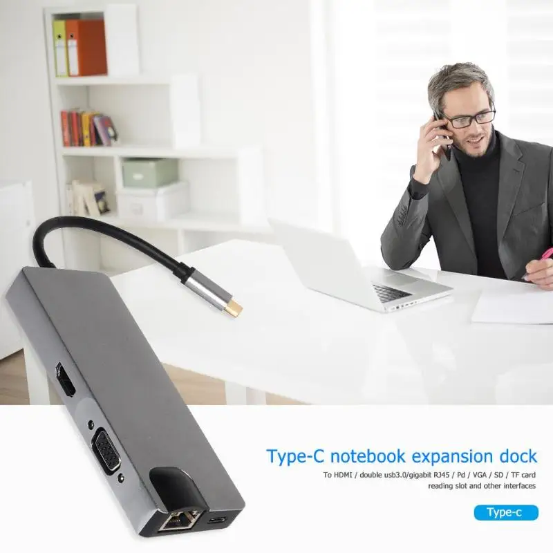 8 в 1 type-C концентратор USB-C 4 к HDMI/USB3.0/RJ45/VGA/PD зарядка аудио/SD/TF кардридер адаптер Usb разветвитель для MacBook Pro