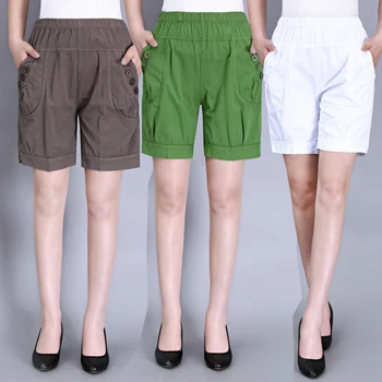 

Middle-aged women's Candy-colored Cotton Shorts Summer Elastic High waist Ladies pants Plus size Casual Loose Five-point Shorts