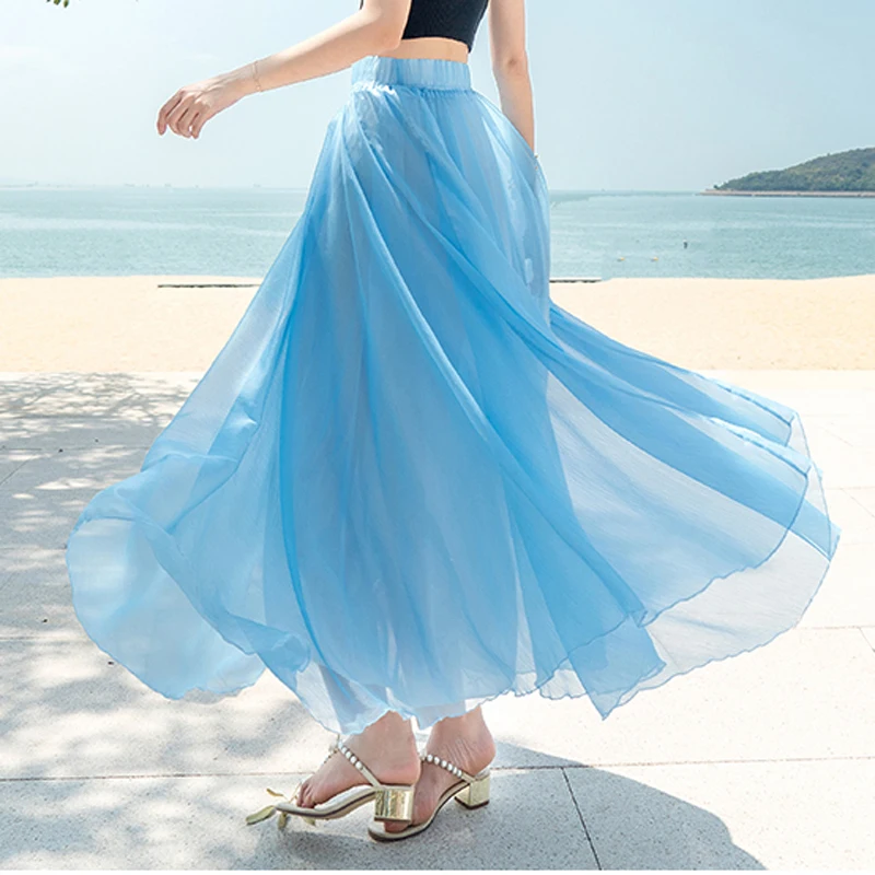 

New Women's Chiffon Pure Color Maxi-Skirt A-Line Elastic High-Waist Fashion Female Vacation Beach-Party Bohemian Ladies Skirt