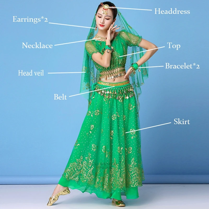 8pcs-green Болливуд платье костюм Женский индийский танец набор Танец живота Сари одежда танец живота представление одежда шифон танец набор - Цвет: 8pcs-green
