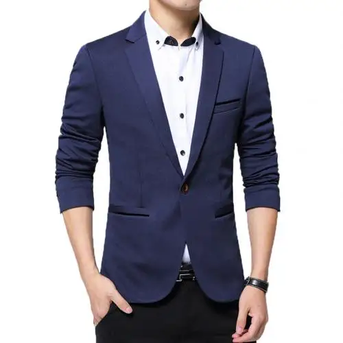 Роскошный мужской блейзер, весенний модный брендовый высококачественный хлопковый мужской костюм, блейзеры для мужчин, свадебный пиджак для жениха - Цвет: Тёмно-синий