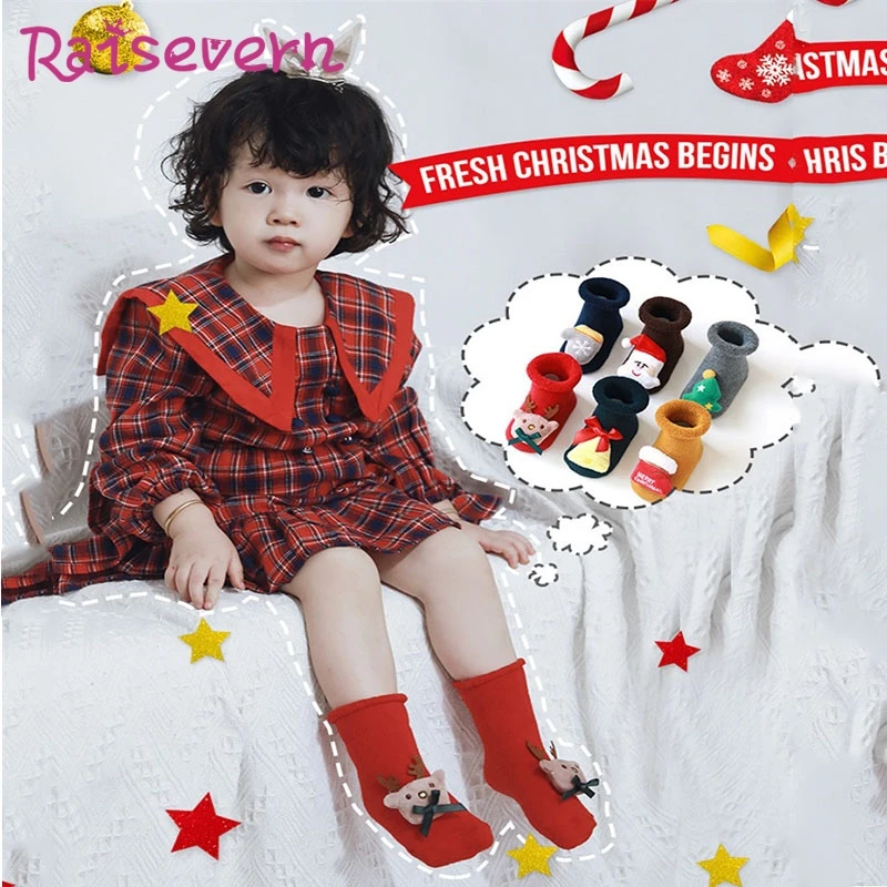 RAISEVERN носки для малышей с рождественским медведем и колокольчиком, милые Нескользящие носки-тапочки унисекс для новорожденных мальчиков и девочек 0-3 лет, Нескользящие рождественские носки