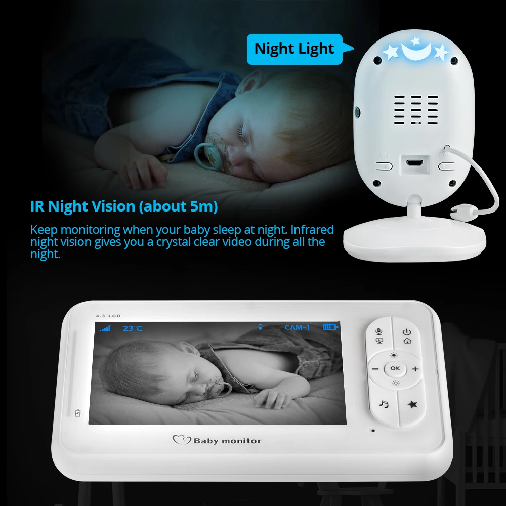  4.3 inch Wireless Color Baby Monitor Audio Video Baby Camera Walkie Talkie Temperature Monitor Secu