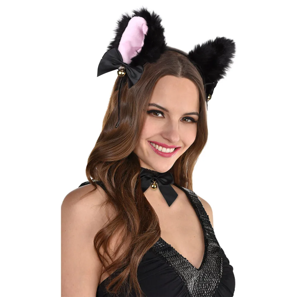 Cat Ear Headband Necklace Plush Furry Cat Ears Headwear for Women Girls Party Cosplay 1Set costume headband