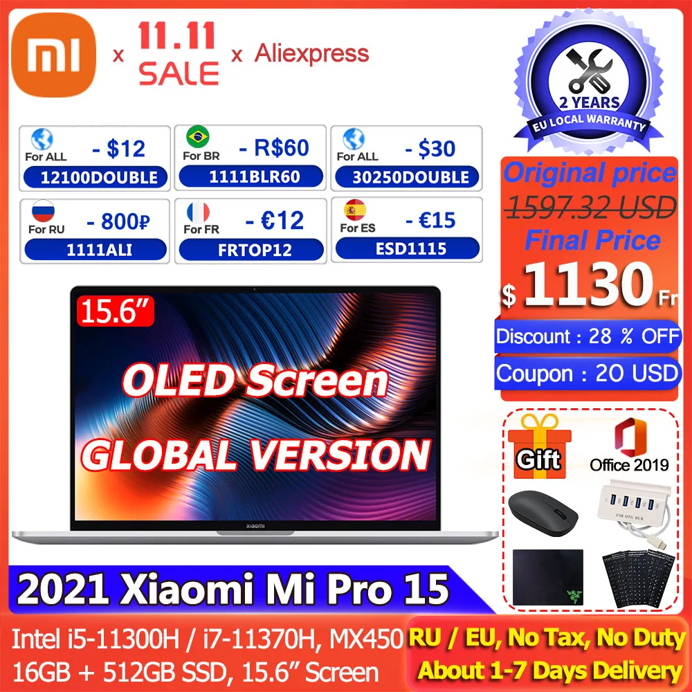 Global Version Xiaomi Pro 15 Laptop 11th Intel Core i7-11370H/i5-11300H 3.5K OLED Screen Computer MX450 CPU 100% sRGB Notebook