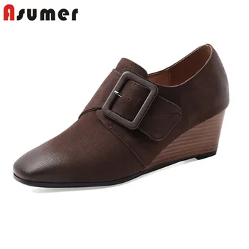 

ASUMER 2020 newest women pumps genuine leather shoes vintage buckle solid colors spring summer single shoes woman wedges shoes