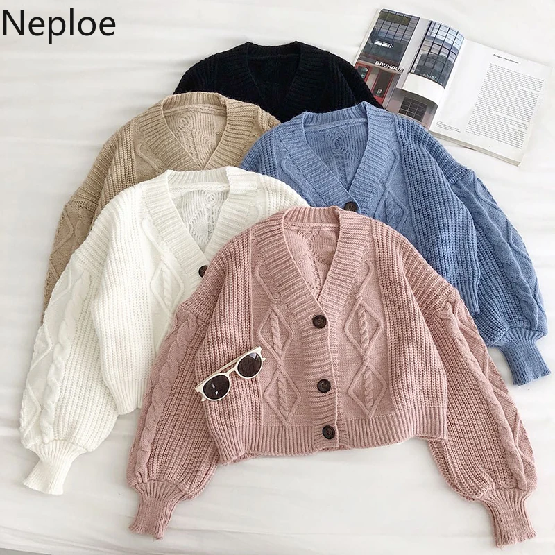 Короткий вязаный кардиган Neploe корейский стиль однотонный с длинным рукавом и