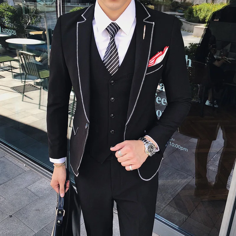 Мода стежка Воротник Свадебный костюм для жениха Slim Fit Smoking Homme брак черный кофе