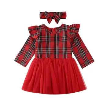 

Toddler Kid Baby Girl Christmas Red Plaid Ruffles Clothes Tulle Tutu Dress Headband Xmas Outfit Sweet Cute Long Sleeve 0-3Year