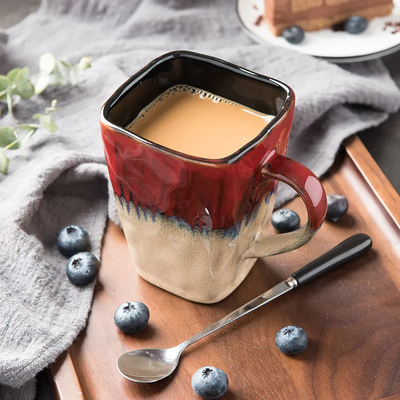 Creative Flow Glaze Square Coffee Mug With Spoon and Lid Retro Tea Cup Simple Household Matte Color Ceramic Milk Water Gift | Дом и сад