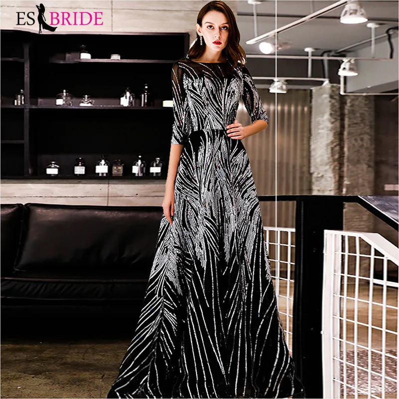 

Black Evening Dress with Sequins A Line Half Sleeves Formal Evening Party Gowns Special Occasion Dresses Robe De Soiree ES3031-1