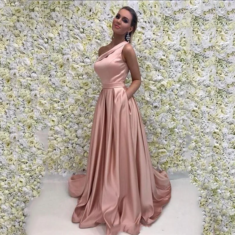 Elegant One shoulder Evening Dresses Formal Gowns A line Princess Satin With Pockets Floor Length Prom Dress Custom Made
