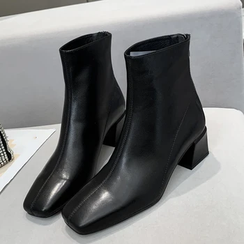 

Vintage Solid Square Toe Boots Spring Autumn Brand Design Square Heels Women Shoes New Fashion Ankle Zip Female Boots