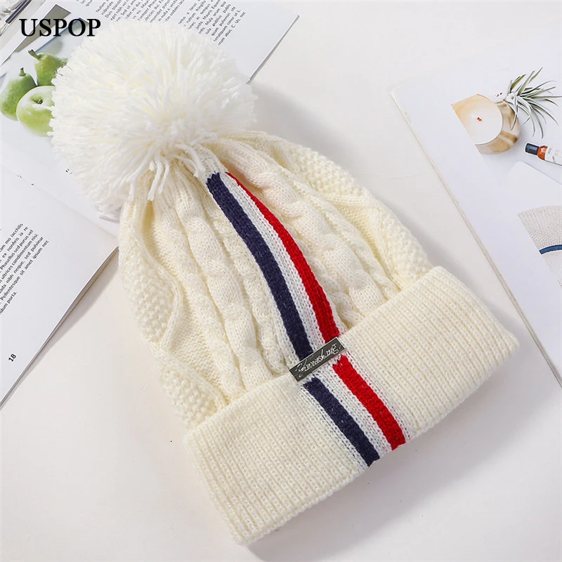 USPOP, модные зимние женские утолщенные теплые шапки Skullies, Лоскутные Полосатые Вязаные шапки, женские шапки с помпоном