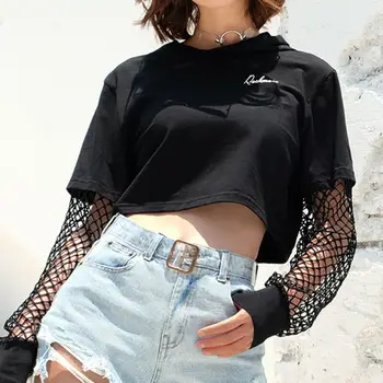 

Vadim Gothic 2020 Women Plain Hooded Long Sleeve Fishnet Sweatshirt Jumper Pullover Top Slim Black Hoodies Mujer Clothing