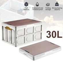 

Plastic Collapsible Storage Box with Wooden Lid Outdoor Camping Storage Container Multifunctional Foldable Car Travel Storag Box