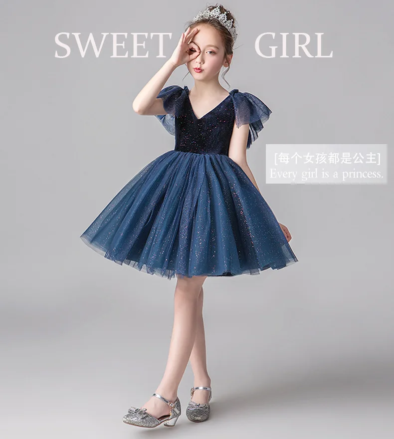 Girls Short Catwalks Formal Dress Autumn New Style Children Host Puffy Yarn Birthday Princess Dress Dresses of Bride Fellow
