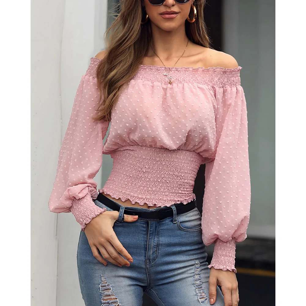 

LOOZYKIT Vintage Slash Neck Lantern Sleeve Dot Women Blouse Shirts Elegant Front Buttons Slim Waist Ruffles Female Blouse 2019