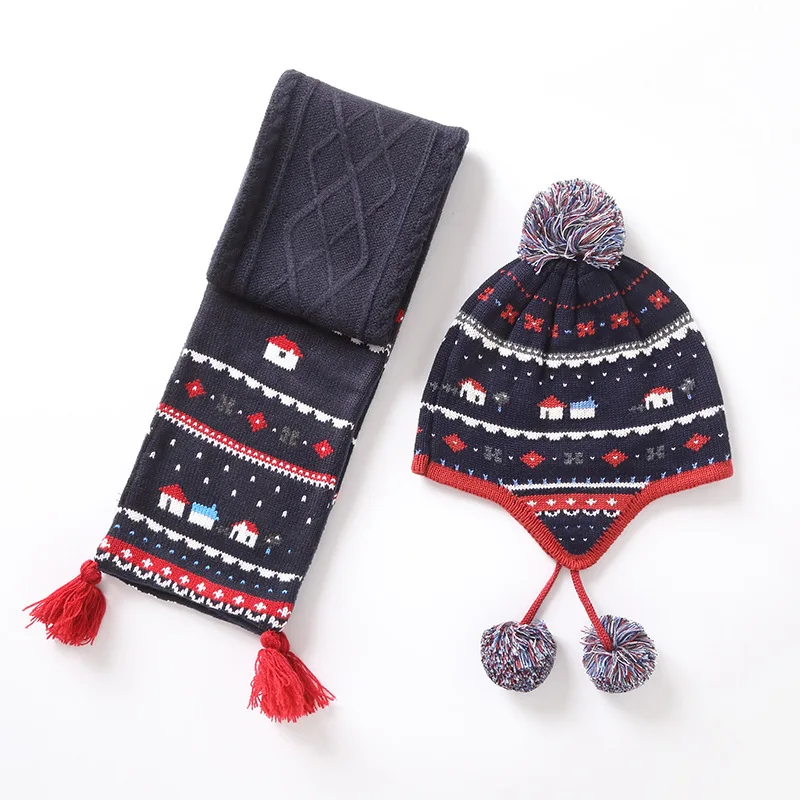 Шапка для мальчика, шарф, набор, зимняя шапка-ушанка, флисовая Осенняя теплая шапка с помпоном из Добби для катания на лыжах, уличные аксессуары для детей