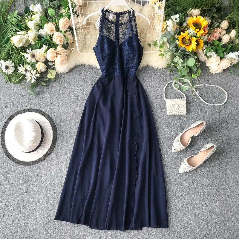 2020 Sexy Halter Neck Lace Patchwork Maxi Long Dress Elegant Summer Party Women Tank Sundress Sexy Split Casual Evening Vestidos