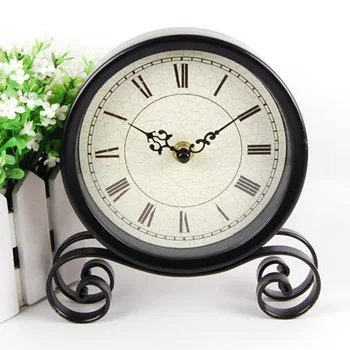 

European Vintage Black Metal Table Clock living room round retro desk clock creative old-fashioned desktop clock mx5071035