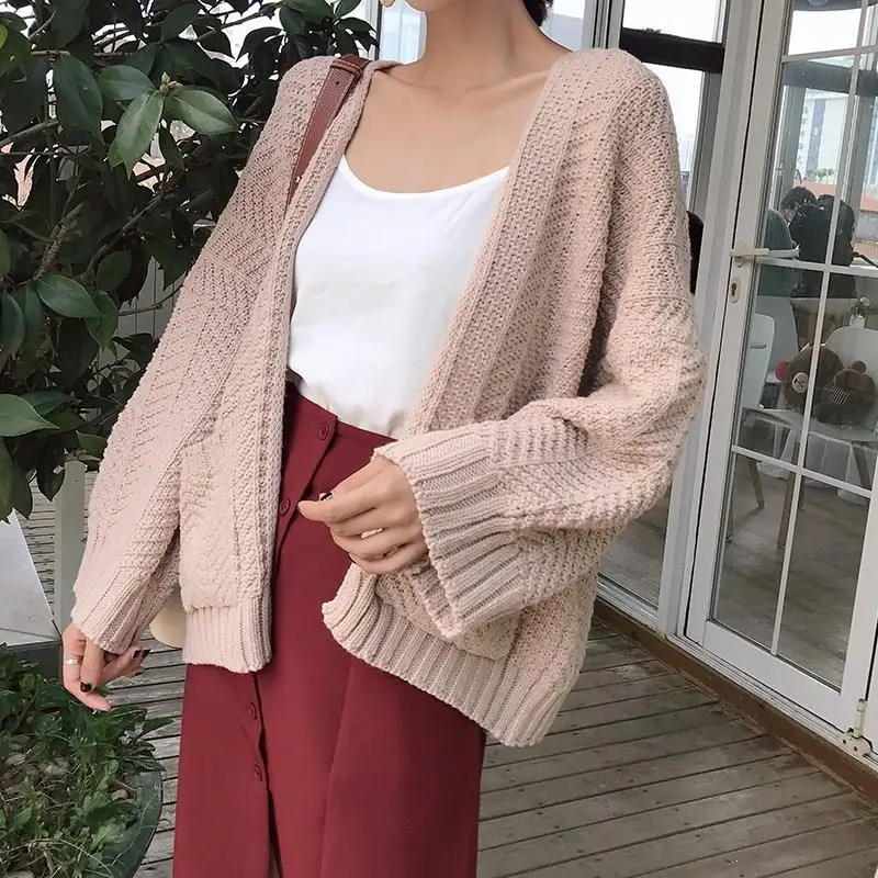 

Nice Tide Women Knitted Fall Winter Cardigans Casual Long Sleeve Loose Sweaters Open Stitch Pocket Ladys Basic Sweaters