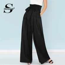 Sheinside, черные, с поясом, плиссированные, палаццо, длинные штаны, женские, свободные, элегантные, OL, рабочие брюки, для женщин, с высокой талией, широкие штаны